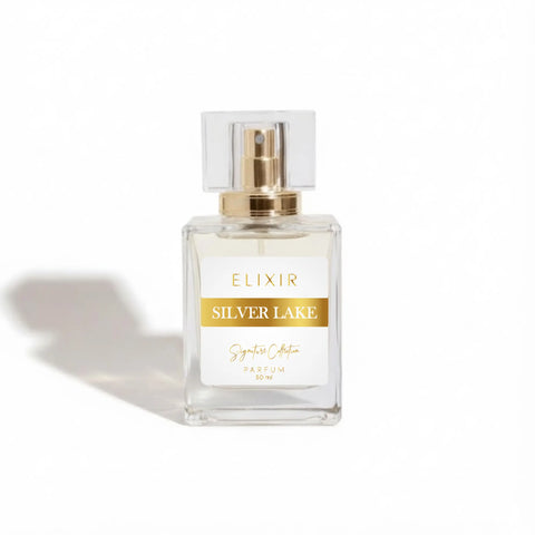 Perfume bottle labeled 'Elixir Silver Lake' on a white background