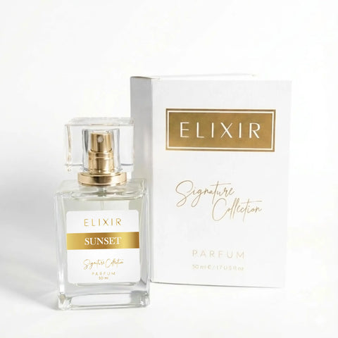Perfume bottle and packaging with 'Elixir' branding on a white background