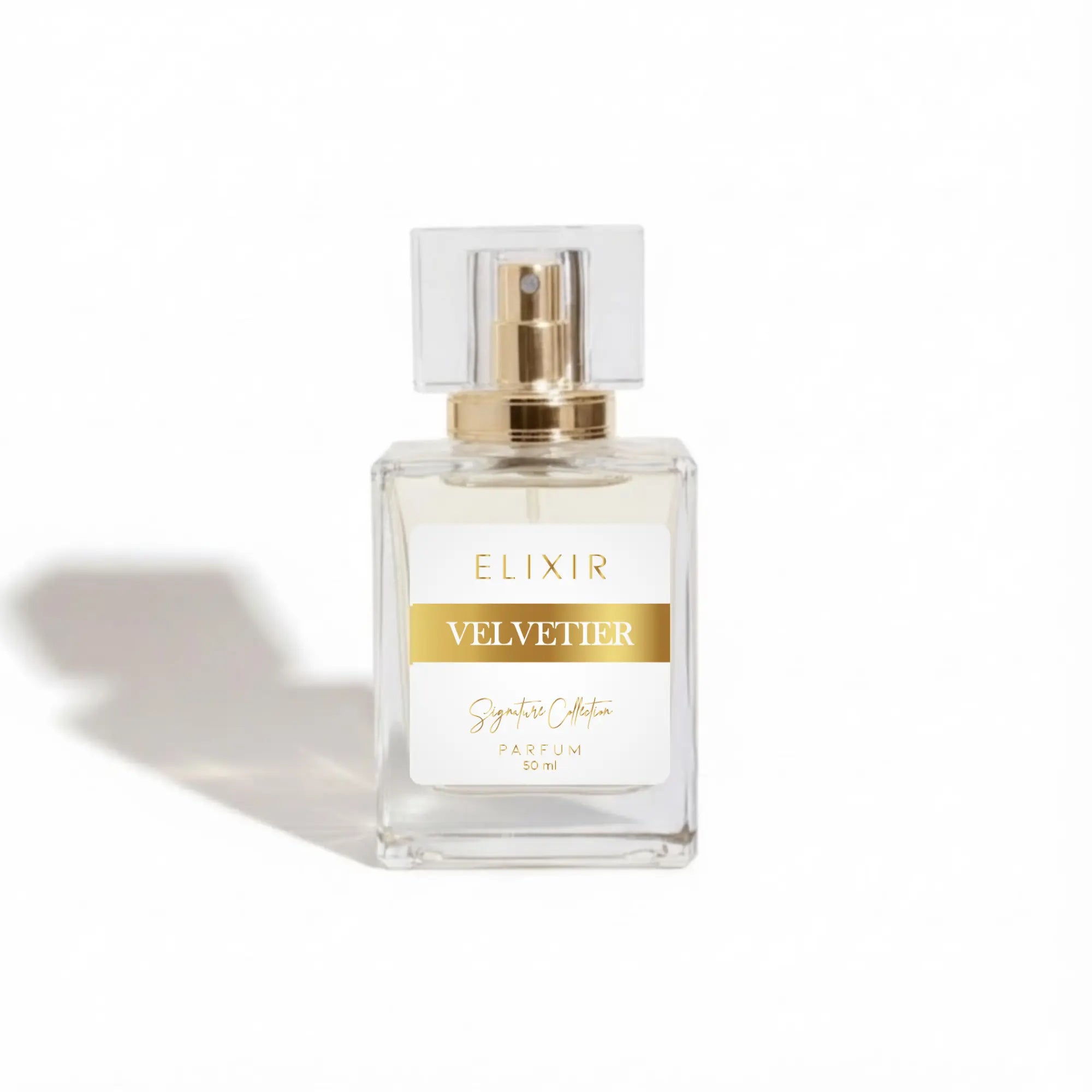 Perfume bottle labeled 'Elixir Velvetier' on a white background